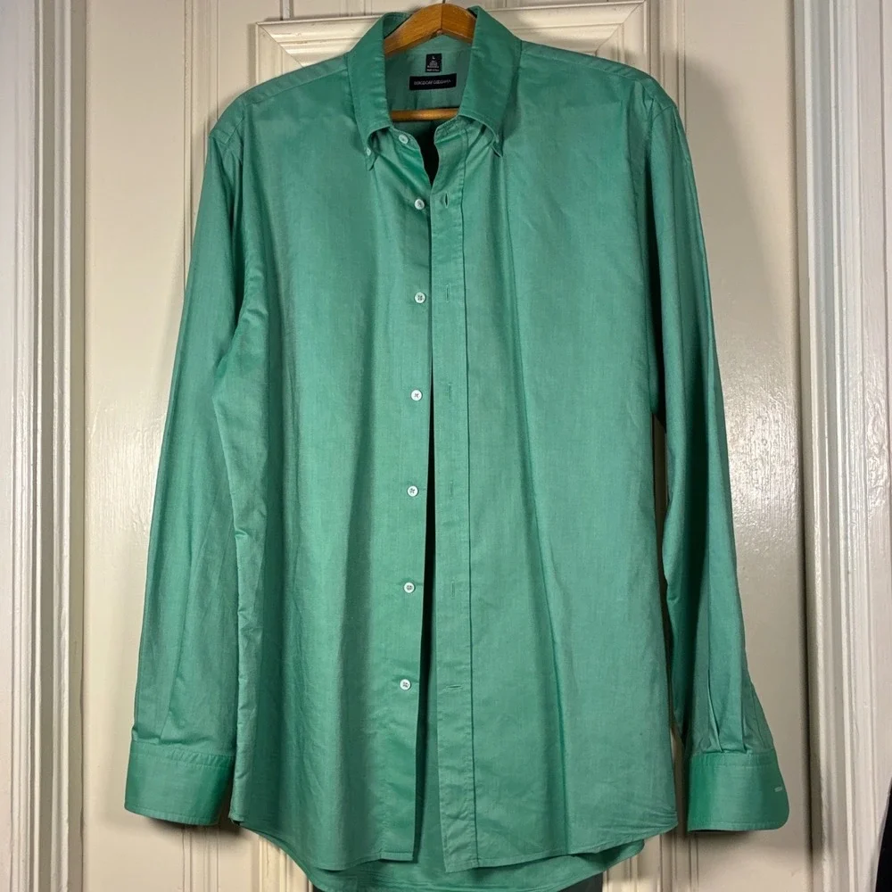 Bergdorf Goodman Men L button down cotton long sleeve shirt Made in Italy green